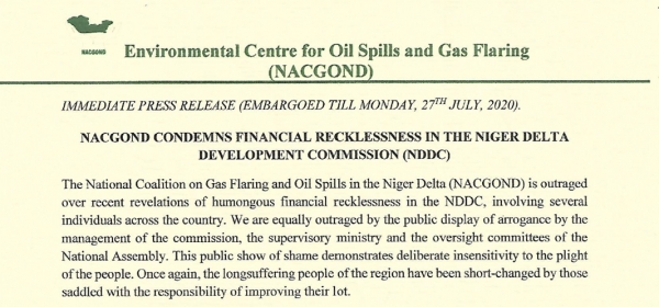 PRESS RELEASE - NACGOND CONDEMNS FINANCIAL RECKLESSNESS IN NDDC
